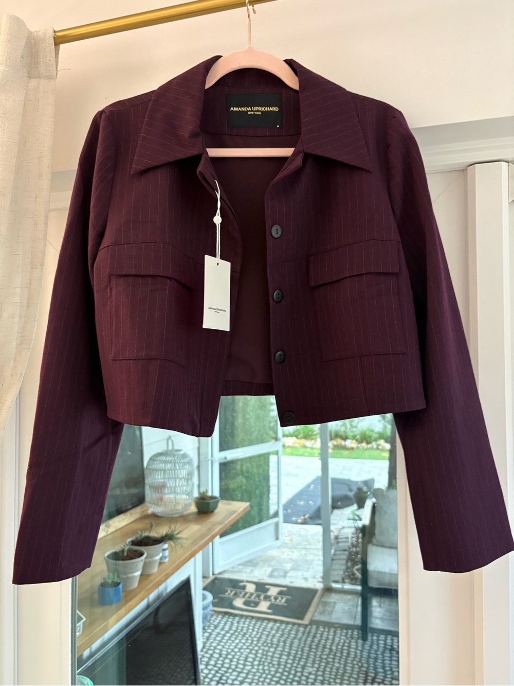 Amanda Uprichard Burgundy Sanders Crop Jacket with Stripes. M NWT